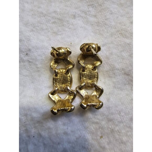 VTG Pierced Gold Toned Black Glass Post Earrings Mid Century Modern Stylish - Picture 4 of 5